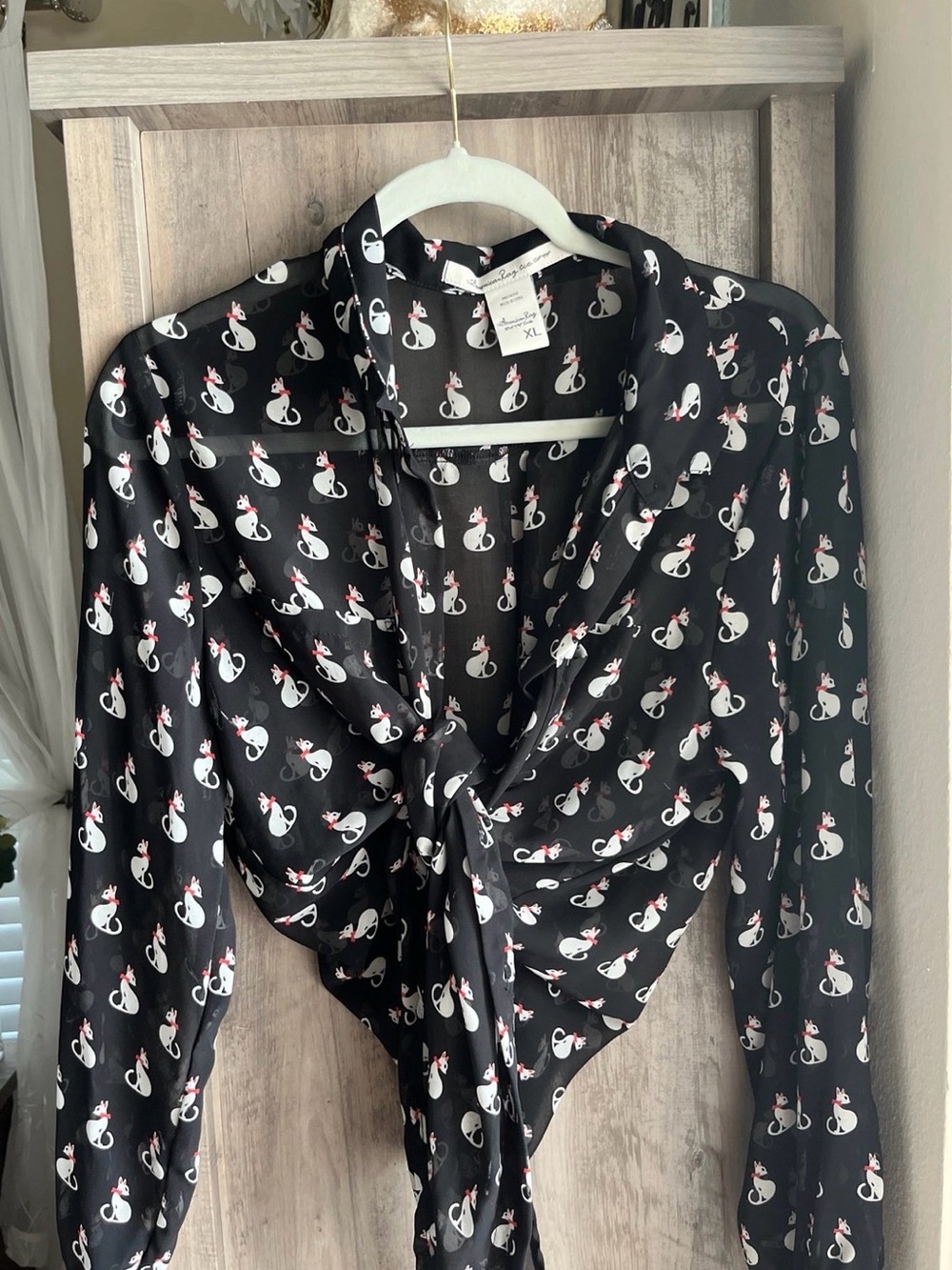 American Rag Black Button-Front Tie Blouse with White & Pink Cat Print